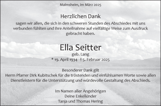 Traueranzeige von Ella Seitter von Leonberger Kreiszeitung / Strohgäu Extra