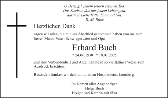 Traueranzeige von Erhard Buch von Leonberger Kreiszeitung / Strohgäu Extra