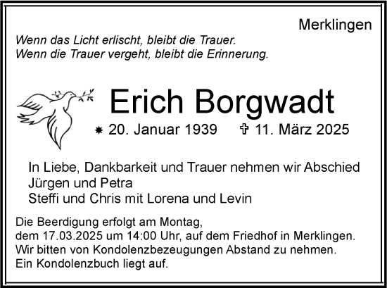 Traueranzeige von Erich Borgwadt von Leonberger Kreiszeitung / Strohgäu Extra