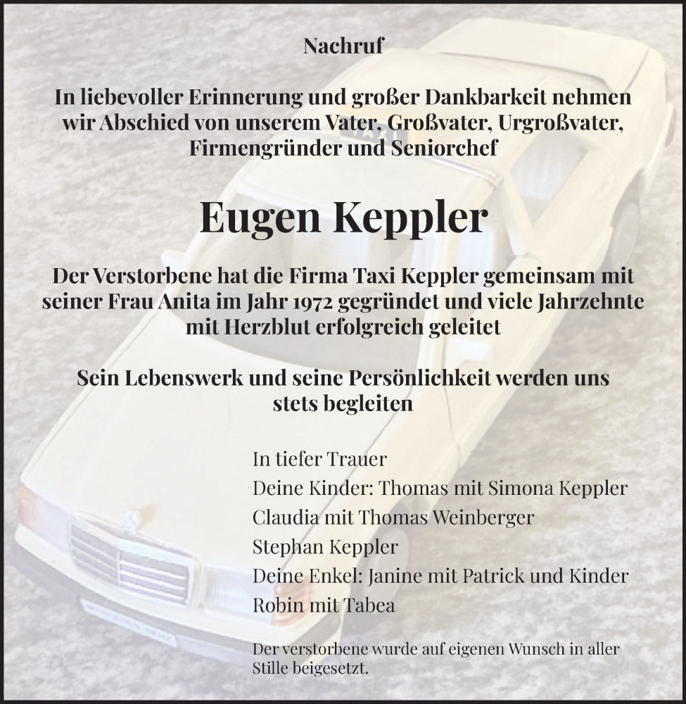  Traueranzeige für Eugen Keppler vom 21.03.2025 aus Leonberger Kreiszeitung / Strohgäu Extra