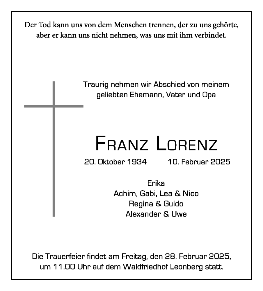  Traueranzeige für Franz Lorenz vom 22.02.2025 aus Leonberger Kreiszeitung / Strohgäu Extra