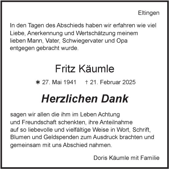 Traueranzeige von Fritz Käumle von Leonberger Kreiszeitung / Strohgäu Extra