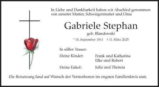Traueranzeige von Gabriele Stephan von Leonberger Kreiszeitung / Strohgäu Extra