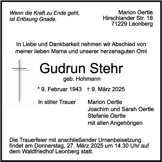 Traueranzeige von Gudrun Stehr von Leonberger Kreiszeitung / Strohgäu Extra