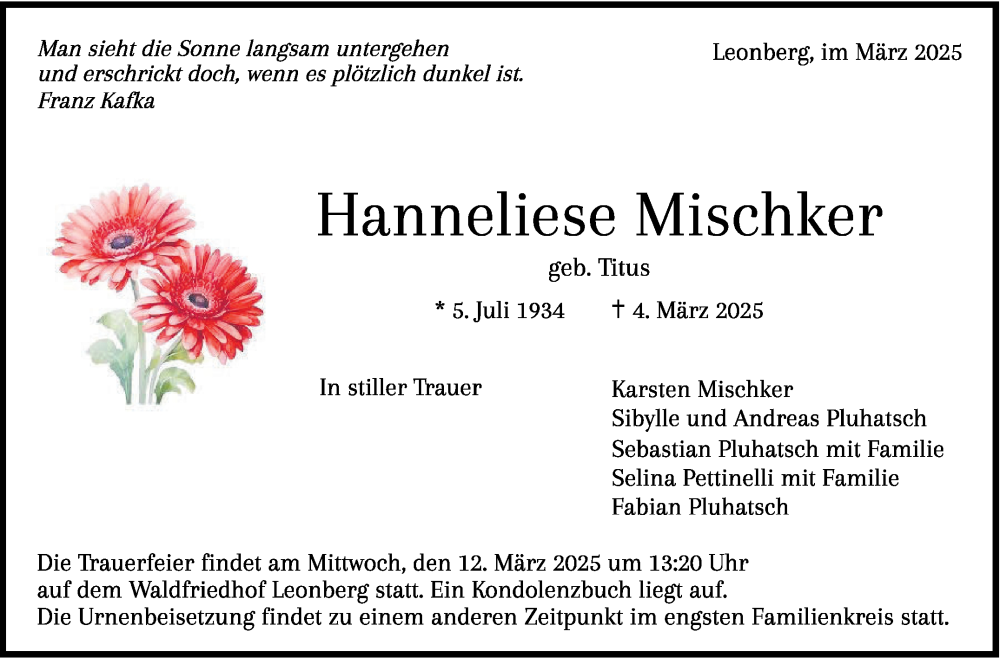  Traueranzeige für Hanneliese Mischker vom 08.03.2025 aus Leonberger Kreiszeitung / Strohgäu Extra
