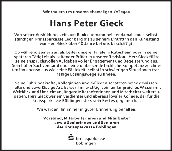 Traueranzeige von Hans Peter Gieck von Leonberger Kreiszeitung / Strohgäu Extra