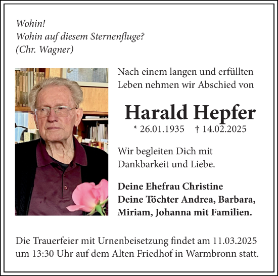 Traueranzeige von Harald Hepfer von Leonberger Kreiszeitung / Strohgäu Extra