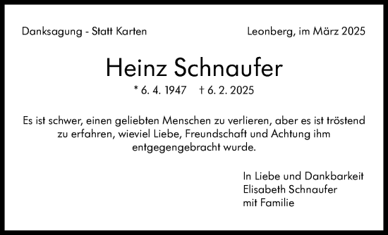 Traueranzeige von Heinz Schnaufer von Leonberger Kreiszeitung / Strohgäu Extra