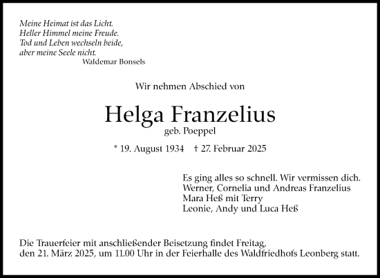 Traueranzeige von Helga Franzelius von Leonberger Kreiszeitung / Strohgäu Extra