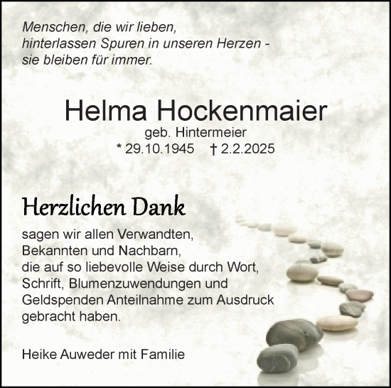 Traueranzeige von Helma Hockenmaier von Leonberger Kreiszeitung / Strohgäu Extra