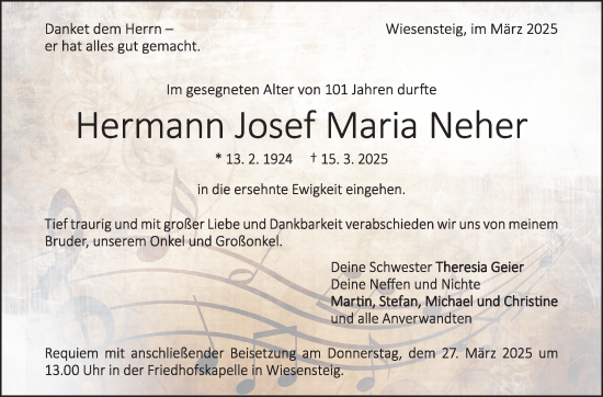 Traueranzeige von Hermann Josef Maria Neher von Leonberger Kreiszeitung / Strohgäu Extra