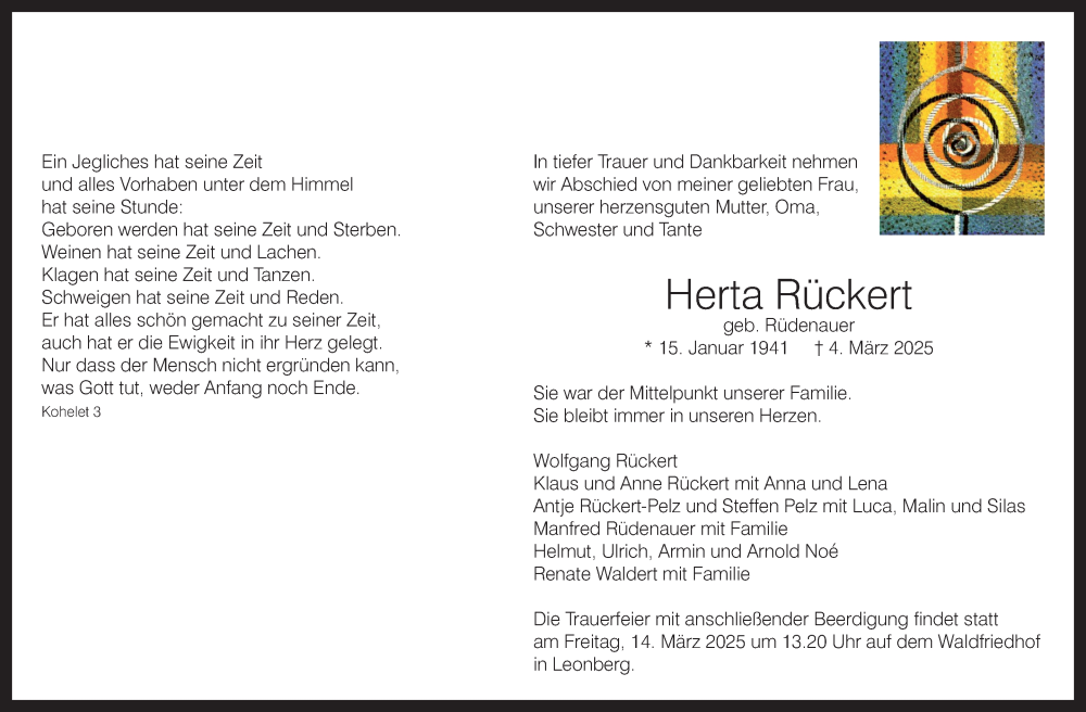  Traueranzeige für Herta Rückert vom 07.03.2025 aus Leonberger Kreiszeitung / Strohgäu Extra