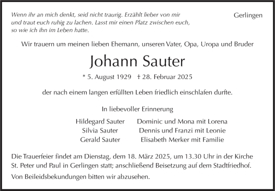 Traueranzeige von Johann Sauter von Leonberger Kreiszeitung / Strohgäu Extra