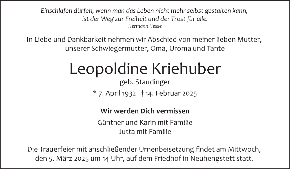  Traueranzeige für Leopoldine Kriehuber vom 01.03.2025 aus Leonberger Kreiszeitung / Strohgäu Extra