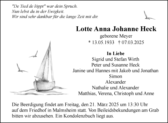 Traueranzeige von Lotte Anna Johanne Heck von Leonberger Kreiszeitung / Strohgäu Extra