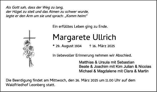 Traueranzeige von Margarete Ullrich von Leonberger Kreiszeitung / Strohgäu Extra