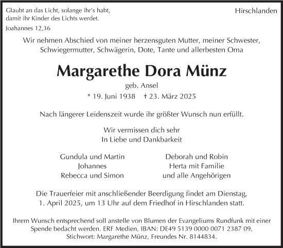 Traueranzeige von Margarethe Dora Münz von Leonberger Kreiszeitung / Strohgäu Extra