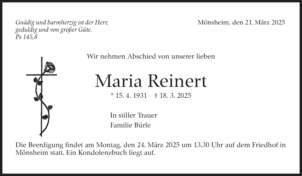 Traueranzeige für Maria Reinert vom 21.03.2025 aus Leonberger Kreiszeitung / Strohgäu Extra