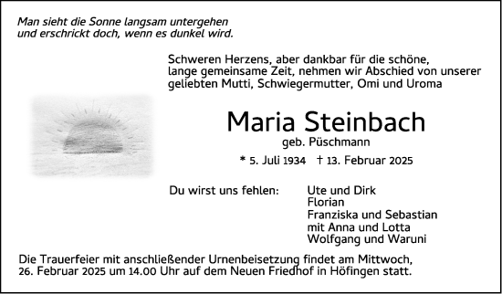 Traueranzeige von Maria Steinbach von Leonberger Kreiszeitung / Strohgäu Extra