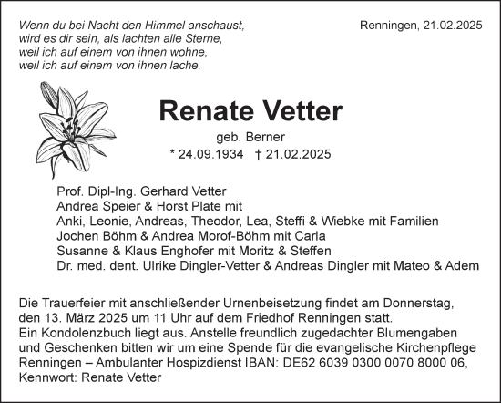 Traueranzeige von Renate Vetter von Leonberger Kreiszeitung / Strohgäu Extra