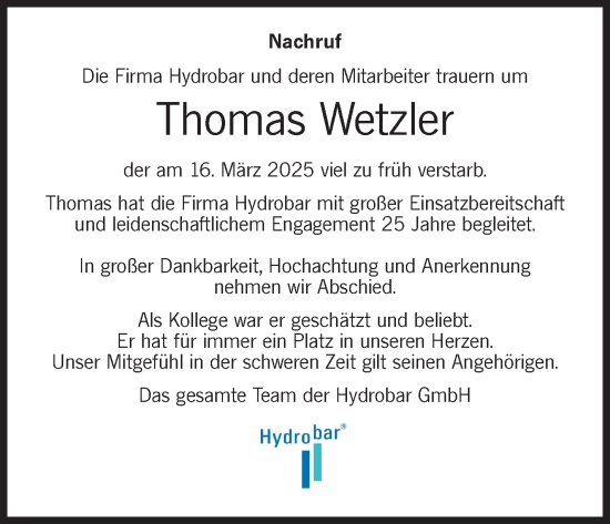 Traueranzeige von Thomas Wetzler von Leonberger Kreiszeitung / Strohgäu Extra