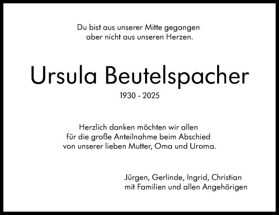 Traueranzeige von Ursula Beutelspacher von Leonberger Kreiszeitung / Strohgäu Extra