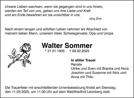 Traueranzeige von Walter Sommer von Leonberger Kreiszeitung / Strohgäu Extra