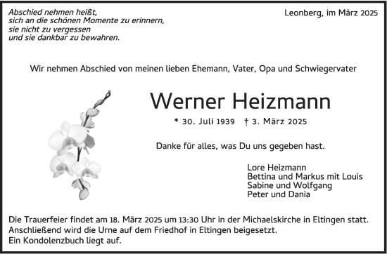 Traueranzeige von Werner Heizmann von Leonberger Kreiszeitung / Strohgäu Extra