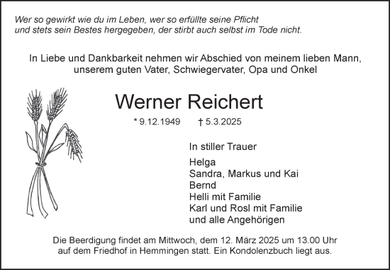 Traueranzeige von Werner Reichert von Leonberger Kreiszeitung / Strohgäu Extra
