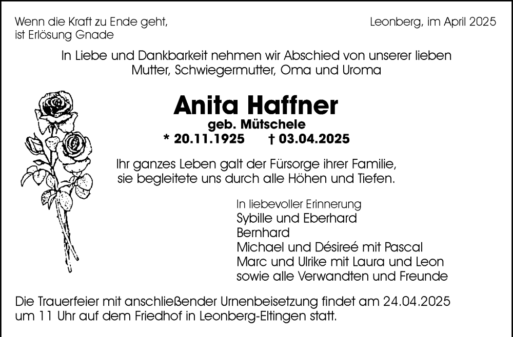  Traueranzeige für Anita Haffner vom 16.04.2025 aus Leonberger Kreiszeitung / Strohgäu Extra