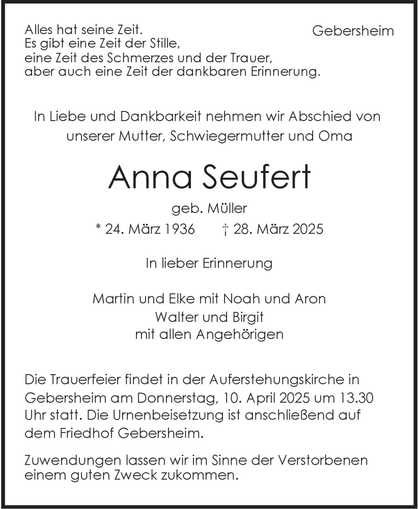  Traueranzeige für Anna Seufert vom 03.04.2025 aus Leonberger Kreiszeitung / Strohgäu Extra