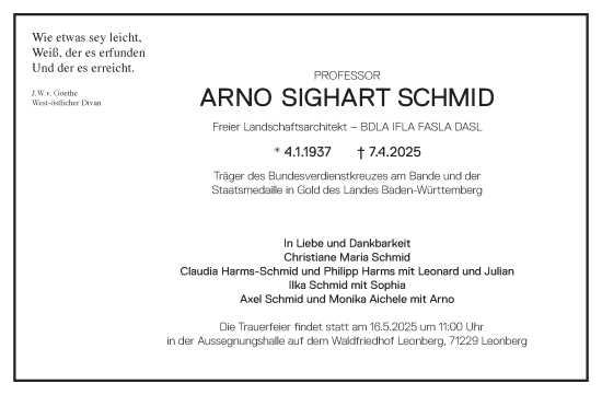 Traueranzeige von Arno Sighart Schmid von Leonberger Kreiszeitung / Strohgäu Extra