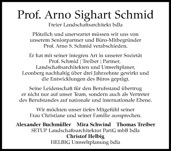 Traueranzeige von Arno Sighart Schmid von Leonberger Kreiszeitung / Strohgäu Extra