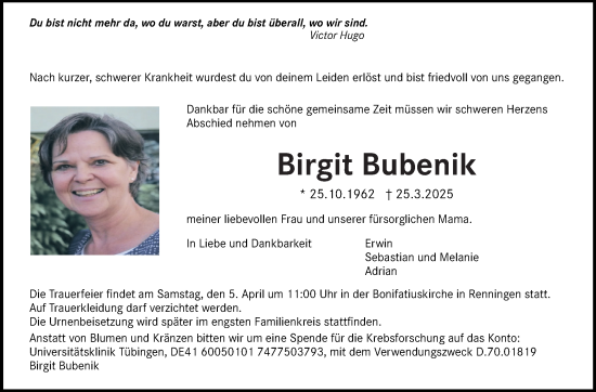 Traueranzeige von Birgit Bubenik von Leonberger Kreiszeitung / Strohgäu Extra