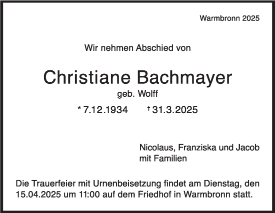 Traueranzeige von Christiane Bachmayer von Leonberger Kreiszeitung / Strohgäu Extra