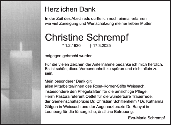 Traueranzeige von Christine Schrempf von Leonberger Kreiszeitung / Strohgäu Extra