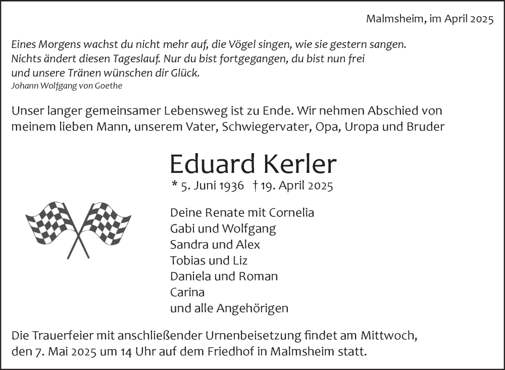  Traueranzeige für Eduard Kerler vom 25.04.2025 aus Leonberger Kreiszeitung / Strohgäu Extra