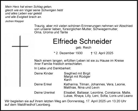 Traueranzeige von Elfriede Schneider von Leonberger Kreiszeitung / Strohgäu Extra