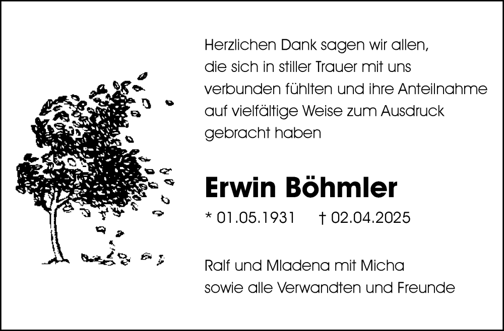  Traueranzeige für Erwin Böhmler vom 17.04.2025 aus Leonberger Kreiszeitung / Strohgäu Extra