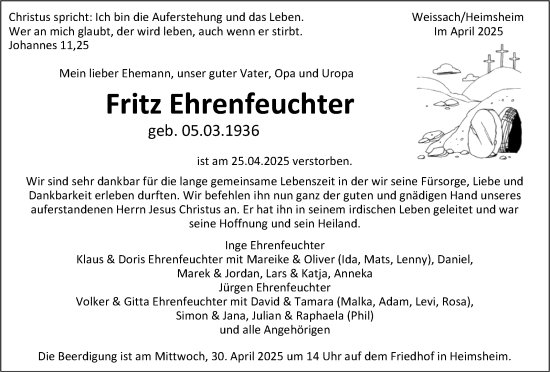 Traueranzeige von Fritz Ehrenfeuchter von Leonberger Kreiszeitung / Strohgäu Extra