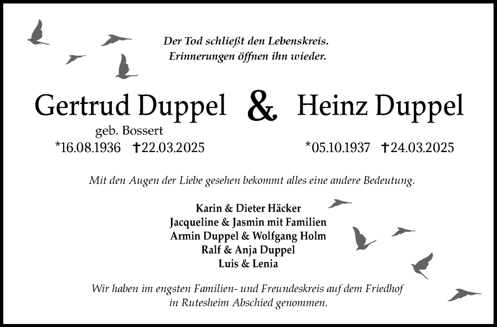  Traueranzeige für Gertrud Duppel vom 15.04.2025 aus Leonberger Kreiszeitung / Strohgäu Extra