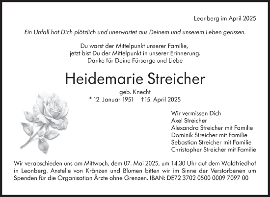 Traueranzeige von Heidemarie Streicher von Leonberger Kreiszeitung / Strohgäu Extra