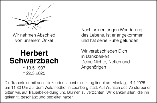 Traueranzeige von Herbert Schwarzbach von Leonberger Kreiszeitung / Strohgäu Extra