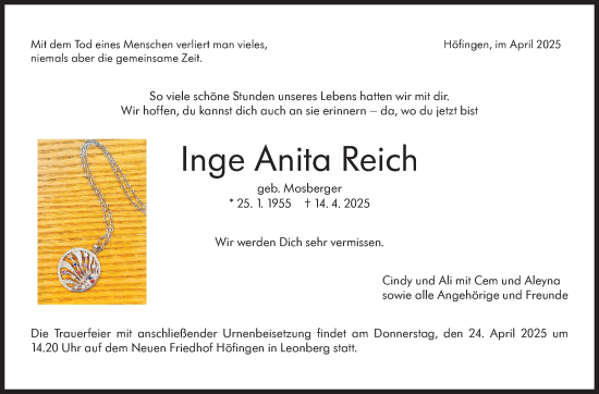 Traueranzeige von Inge Anita Reich von Leonberger Kreiszeitung / Strohgäu Extra