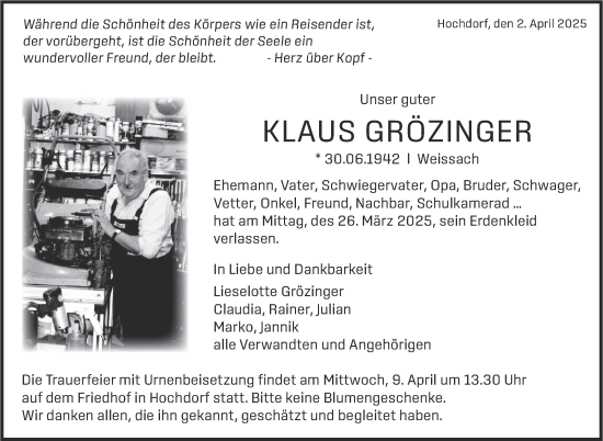 Traueranzeige von Klaus Grözinger von Leonberger Kreiszeitung / Strohgäu Extra