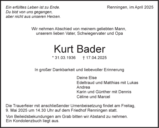 Traueranzeige von Kurt Bader von Leonberger Kreiszeitung / Strohgäu Extra