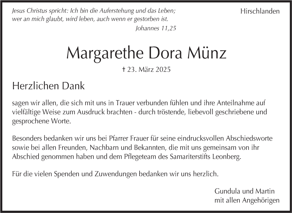  Traueranzeige für Margarethe Dora Münz vom 19.04.2025 aus Leonberger Kreiszeitung / Strohgäu Extra