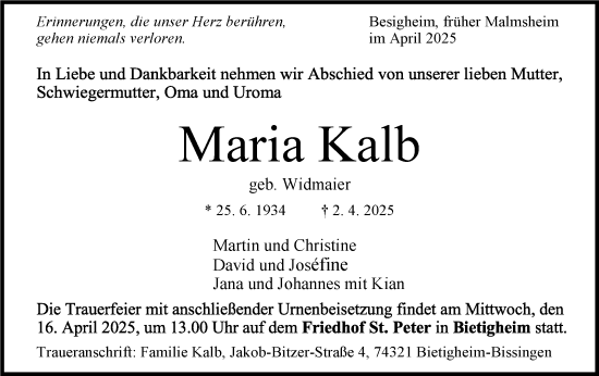 Traueranzeige von Maria Kalb von Leonberger Kreiszeitung / Strohgäu Extra