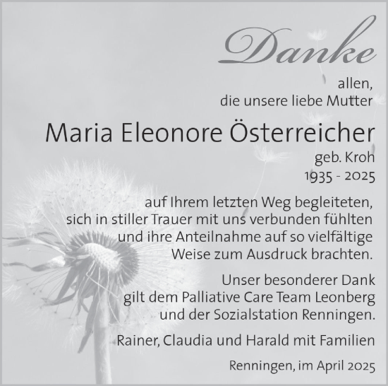 Traueranzeige von Maria Eleonore Österreicher von Leonberger Kreiszeitung / Strohgäu Extra