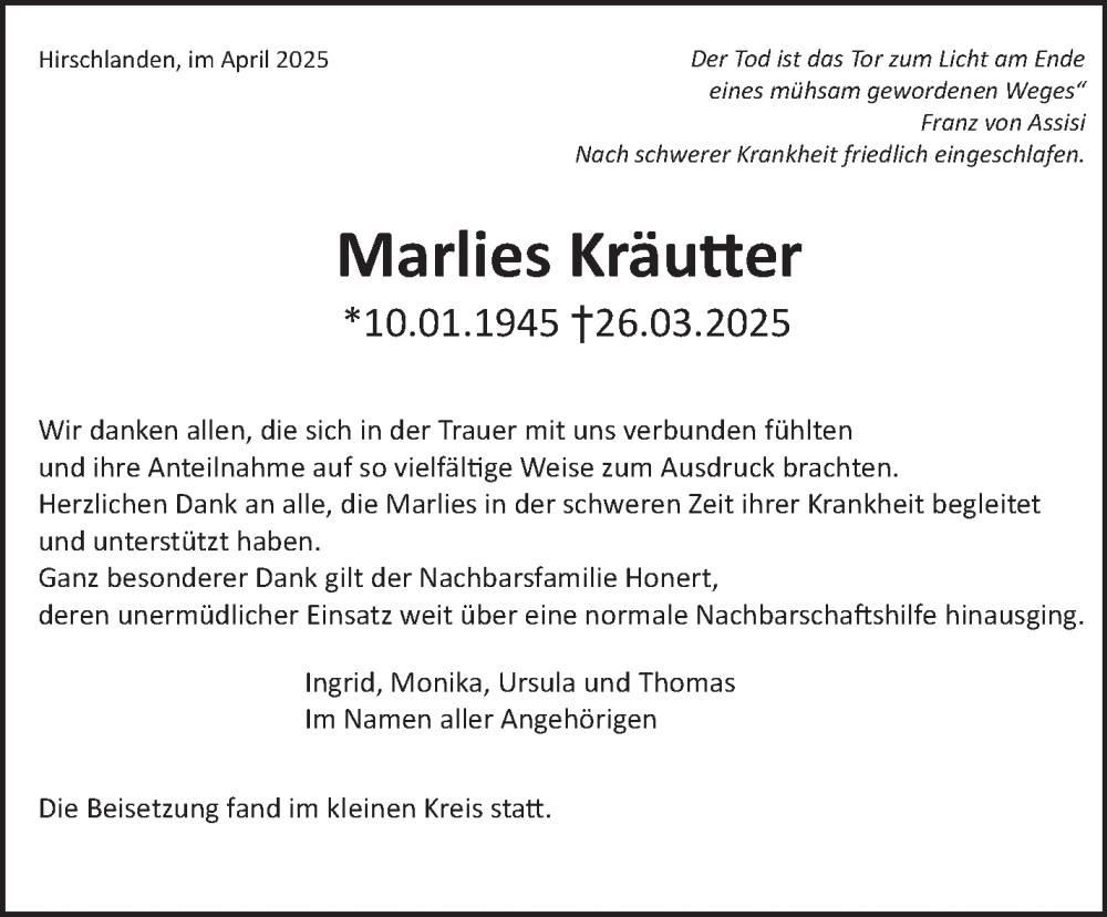  Traueranzeige für Marlies Kräutter vom 10.04.2025 aus Leonberger Kreiszeitung / Strohgäu Extra